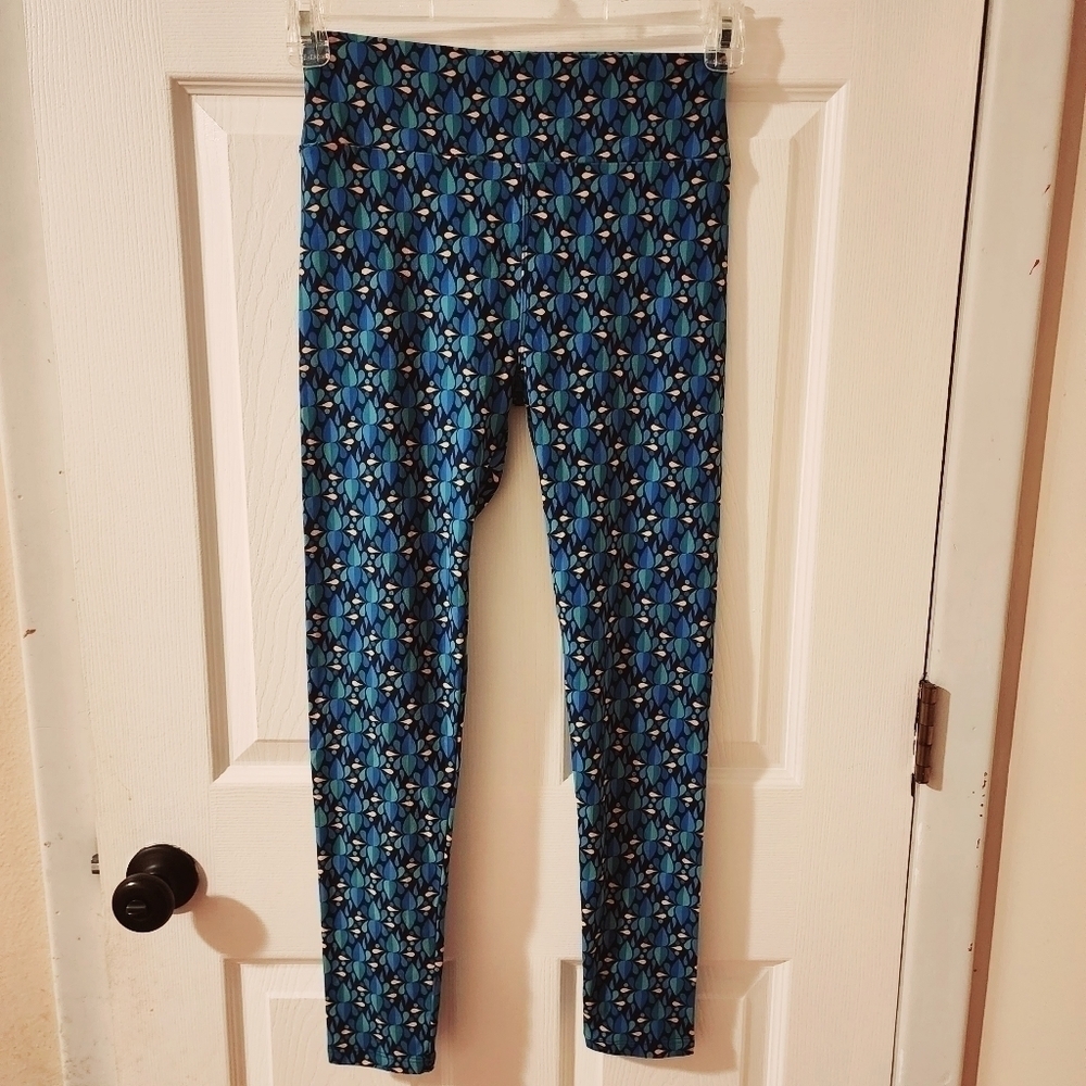 LuLaRoe One Size OS (2-10) Buttery Soft Leggings Blue Green Yellow Abstract EUC